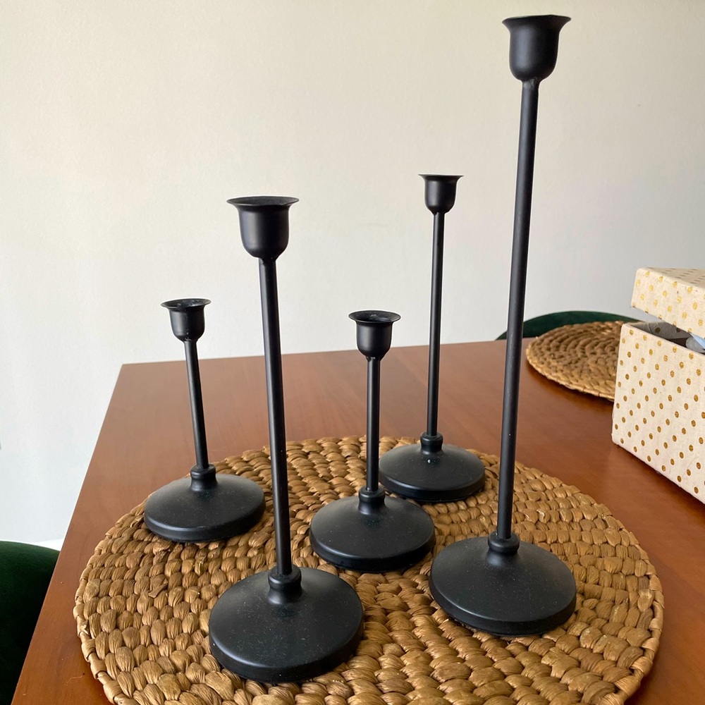 5 Black Metal Candlesticks (different sizes)